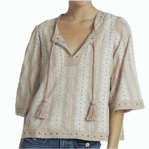 TULAROSA Huxley Embroidered Blouse Top Small Boho Peasant Flare Sleeve Tasseled